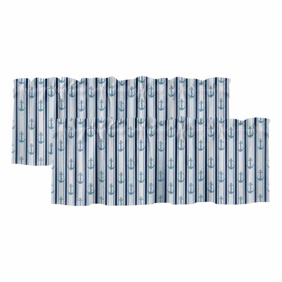 2 Pack Ocean Anchor Valance for Window Blue Striped White Stripes Kitchen Valance Rod Pocket Short Curtain Topper Decorative Window Treatment for Living Room Bedroom 42"x12"