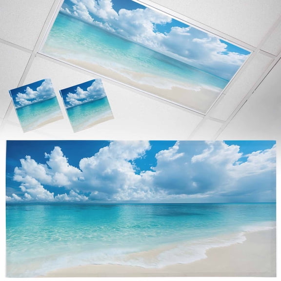 2 Pack Ocean Beach Fluorescent Light Covers for Ceiling Lights Summer Nature Sea Sky Cloud Scenery Magnetic Ceiling Light Covers Overhead Light Filters for Office Classroom Home
