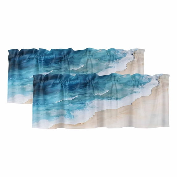 2 Pack Ocean Beach Valance for Window Blue Gradient Waves Summer Coastal Kitchen Valance Rod Pocket Short Curtain Topper Decorative Window Treatment for Living Room Bedroom 42"x12"