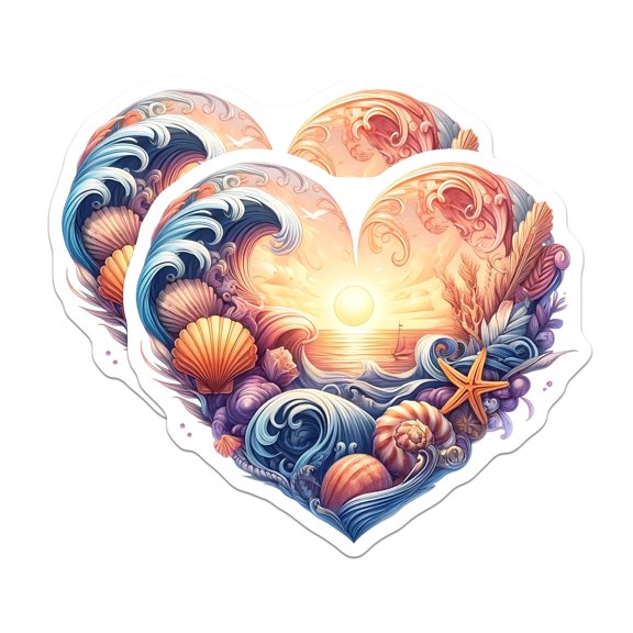 (2 Pack) Ocean Heart Stickers - Sea Shells - Nautical Stickers - 5" On Longest Side - Sticks to Smooth Flat Surfaces - Made in USA - BMCS15831