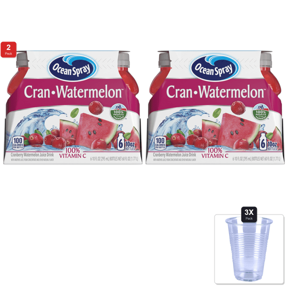 2 Pack | Ocean Spray Cran-Watermelon Cranberry Watermelon Juice Drinks, 10 Fl Oz Bottles, 6 Count & 3x Disposable Cup