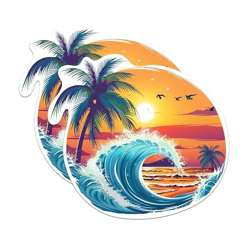 (2 Pack) Ocean Sunset with Palm Tree Stickers - Beach Bum Ocean Lover Sticker - 5 Inches On Longest Side - Premium Vinyl Decal - Sticks to Any Smooth Flat Surface - Made in USA - BMCS2005