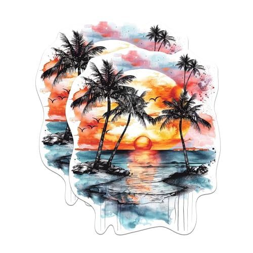 (2 Pack) Ocean Sunset with Palm Trees Sticker - Beautiful Ocean Nature Sunset - 5 Inches On Longest Side - Premium Vinyl - for Cars, Trucks, Skateboards, Laptops - Made in USA - BMCS1733