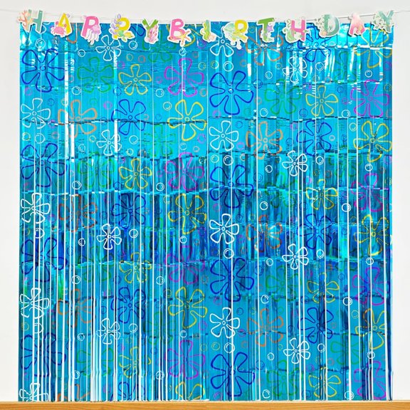 2 Pack Ocean Theme Birthday Door Curtain Decorations, Under the Sea Party Supplies Foil Fringe Backdrop, Ocean Birthday Photo Booth Background for Beach Theme Party Decor