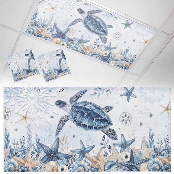 2 Pack Ocean Turtles Fluorescent Light Covers for Ceiling Lights Blue Yellow Sea Star Shell Coral Blue Magnetic Ceiling Light Covers Overhead Light Filters for Office Classroom Home