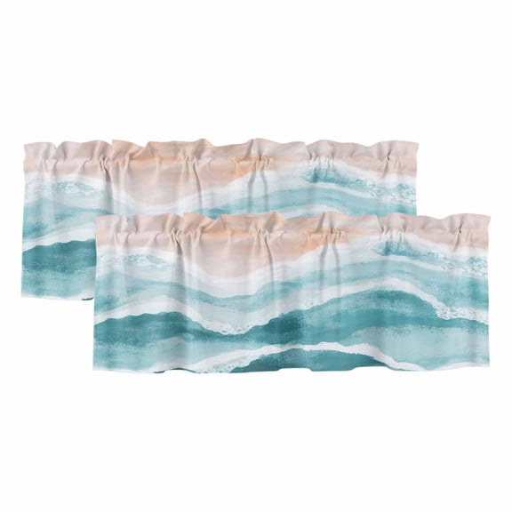 2 Pack Ocean Wave Valance for Window Teal Gradient Beach Boho Kitchen Valance Rod Pocket Short Curtain Topper Decorative Window Treatment for Living Room Bedroom 42"x12"