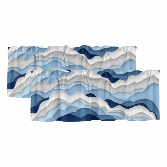 2 Pack Ocean Waves Valance for Window Blue White Wave Blue Gradient Kitchen Valance Rod Pocket Short Curtain Topper Decorative Window Treatment for Living Room Bedroom 42"x12"