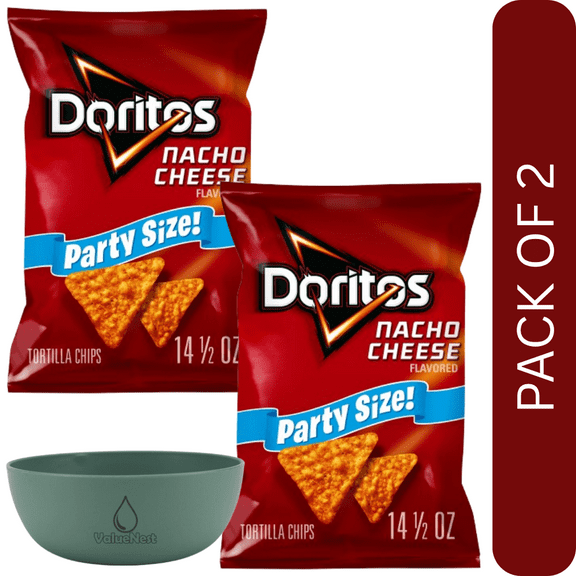 2 Pack Of Doritos Nacho Cheese Flavored Tortilla Chips, Party Size Snack Bag, 14.5 oz, With Olive Green Bowl By ValueNest