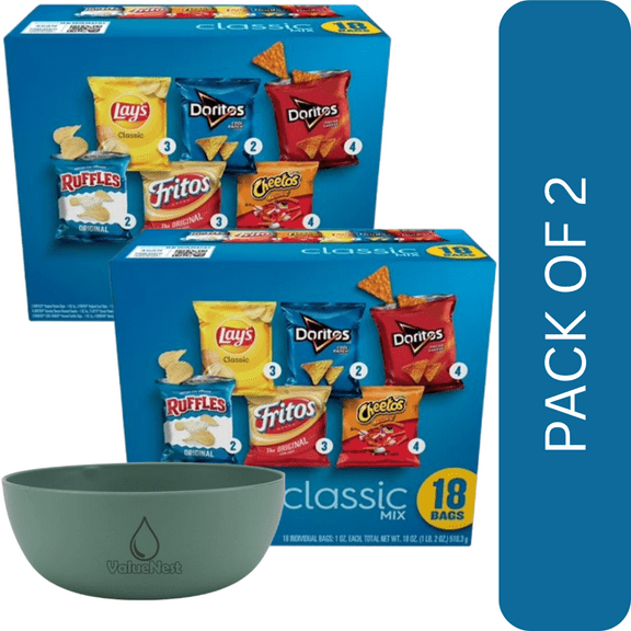 2 Pack Of FritoLay Classic Mix Chips Variety Pack  18Count 1oz Bags, Lays, Doritos, Cheetos & More, With Olive Green Bowl By ValueNest