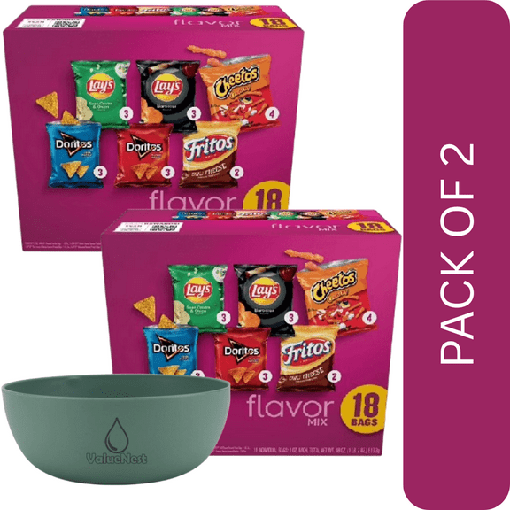 2 Pack Of FritoLay Variety Snack Pack  18 Count 1oz Bags, Mix of Favorite Chips, With Green Olive Bowl By ValueNest