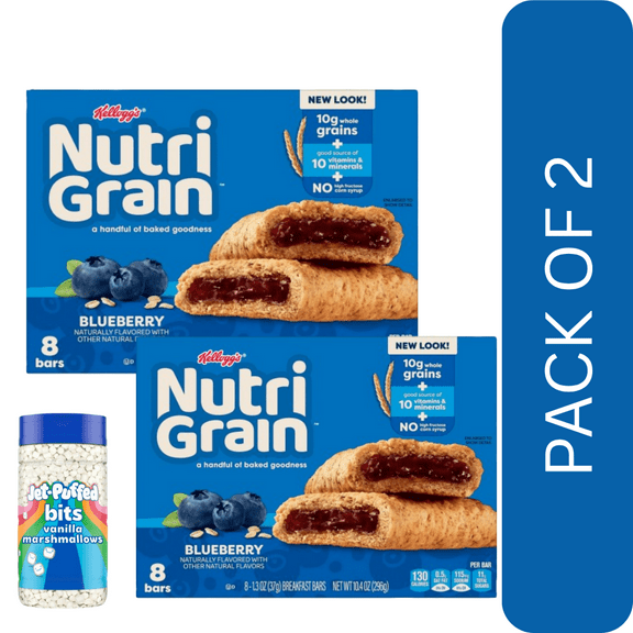 2 Pack Of Kelloggs Nutri-Grain Blueberry Soft Baked Breakfast Bars, 10g Whole Grains, 8 Count, 10.4 oz, With Marshmellows By Value Nest