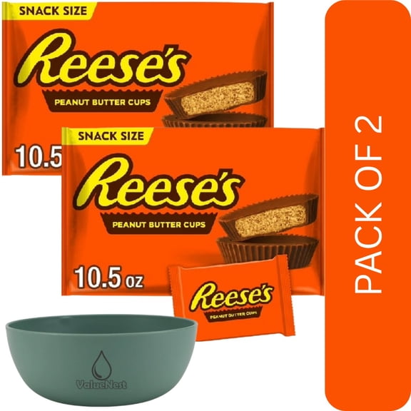 2 Pack Of Reeses Milk Chocolate Snack Size Peanut Butter Cups 10.5oz Resealable Bag, With Olive Green Bowl By ValueNest