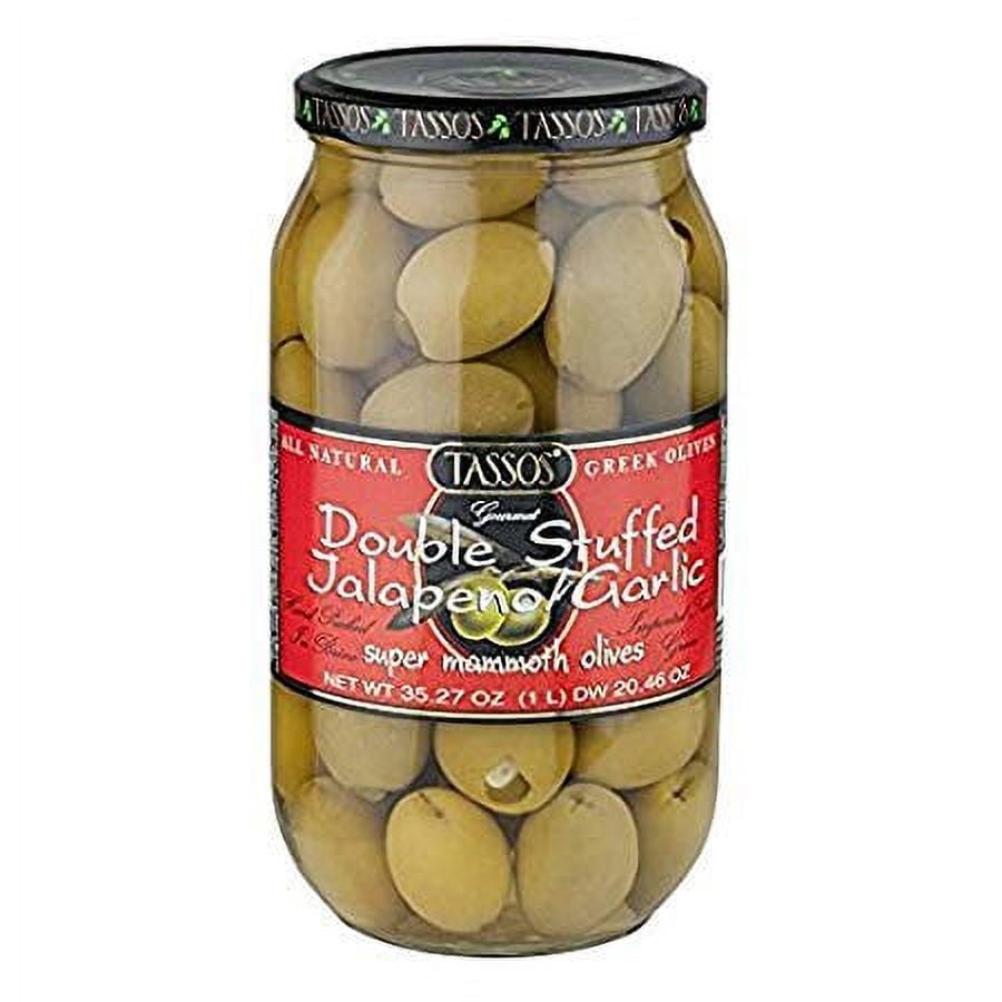 2 Pack Of Tassos All Natural Double Stuffed Jalapeno And Garlic Super Mammoth Olives (2X35.27 oz