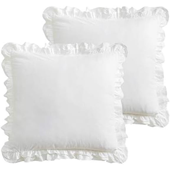 2 Pack Off White Ruffled Euro Shams Pillow Covers, 100% Cotton Vintage French Countryside Farmhouse Bed Pillowcases-26 x26
