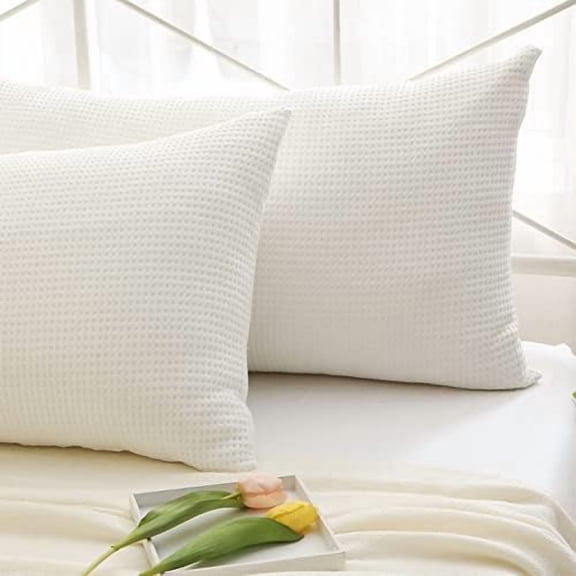 2 Pack Off White Waffle Weave Textured King Size Pillow Shams,100% Cotton Farmhouse Aesthetic Bed Pillow Covers Zipper Closure-20 x36