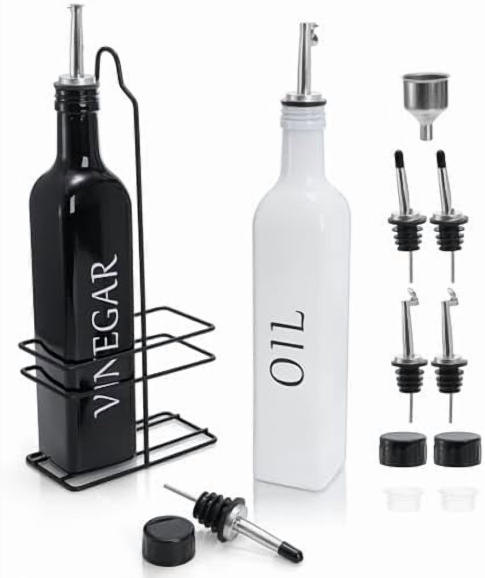2 Pack Oil and Vinegar Dispenser Set with Caddy Holder, 17oz Black & White Olive Oil Dispenser Bottle, Cute Modern Vintage Glass Cruet for Kitchen$$Home Decor, Kitchen, & Other
