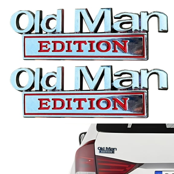 2 Pack Old Man Edition Car Emblem, 3D Sticker Badge, 2025 New Metal Nameplate Funny Bumper Decals for Car, Truck, SUV Side or Rear Tailgate Name Plate Sticker ,Silver Red