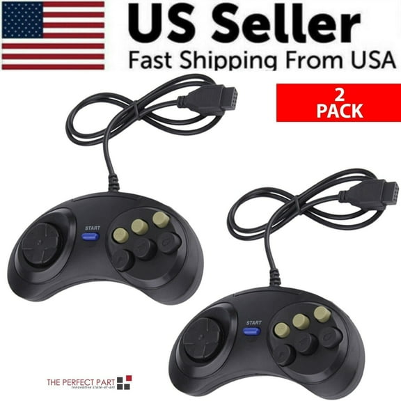 2 Pack Old School 6-Button Game Pad Controller for SEGA Genesis - Black - Classic Design, New Condition