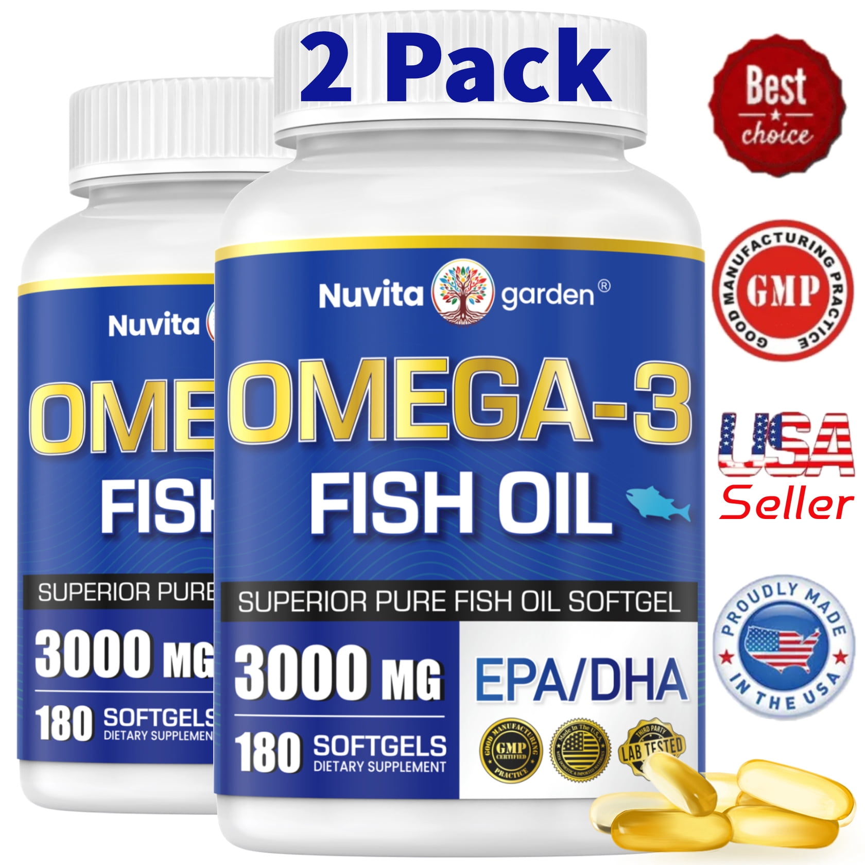 2 Pack Omega-3 Fish Oil 3000mg Supplement, Support Heart & Brain Health,360 Softgels,4 Months Supply