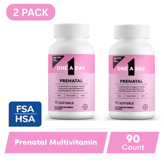 (2 Pack) One A Day Prenatal Vitamins, Folic Acid, Iron, Omega 3 (DHA), 90 Count