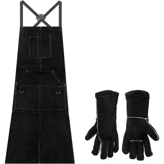 2-Pack One Heavy Duty Faux Leather Welding Apron+Gloves Heat Resistant Cowhide Work Apron with 6 Pockets, Padded Shoulder Straps, Soft And Breathable, Extra Strong Denim Weave for Forging And