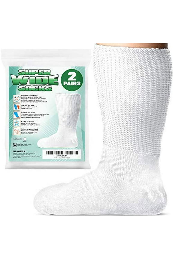 2-Pack One Size Unisex Extra Width Socks in White for Lymphedema - Bariatric Sock - Oversized Sock Stretches up to 30'' Over Calf for Swollen Feet & Legs