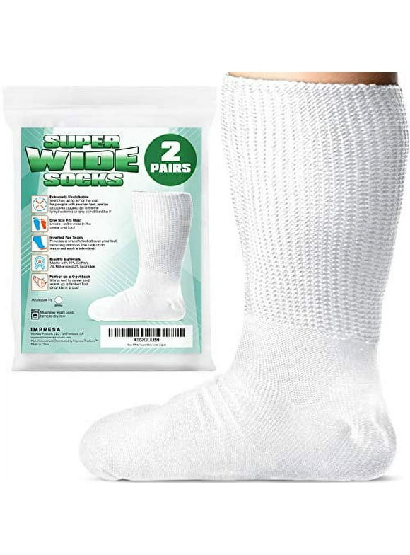 2-Pack One Size Unisex Extra Width Socks in White for Lymphedema - Bariatric Sock - Oversized Sock Stretches up to 30'' Over Calf for Swollen Feet & Legs