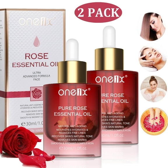 (2 Pack) One1X Organic Rose Essential Oils for Dry Skin Moisturizing Rose Serum for Face Hair Body Massage Aromatherapy and Relaxation