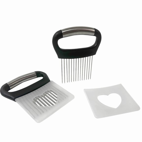 2 Pack Onion Slicing Holder, Multipurpos Stainless Steel Food Fixing Fork, Dual-Use Vegetable Fruit Slicing Guide & Meat Tenderizer, Ergonomic Grip Safety Kitchen Prep Tool
