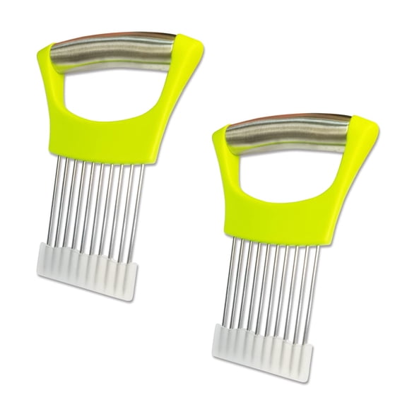 2 Pack Onion Slicing Holder, Multipurpos Stainless Steel Food Fixing Fork, Dual-Use Vegetable Fruit Slicing Guide & Meat Tenderizer, Ergonomic Grip Safety Kitchen Prep Tool