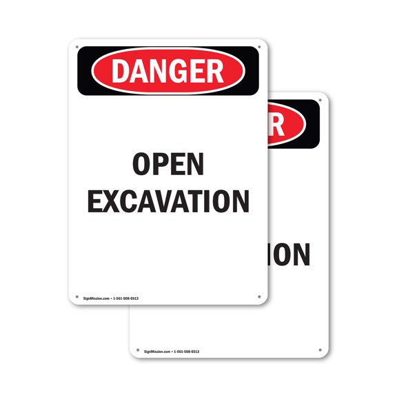 (2 Pack) Open Excavation OSHA Danger Sign 12 Inch X 18 Inch Plastic Sign, Weather Resistant, UV Protected for Workplace, Business, and Construction Site, Made in the USA
