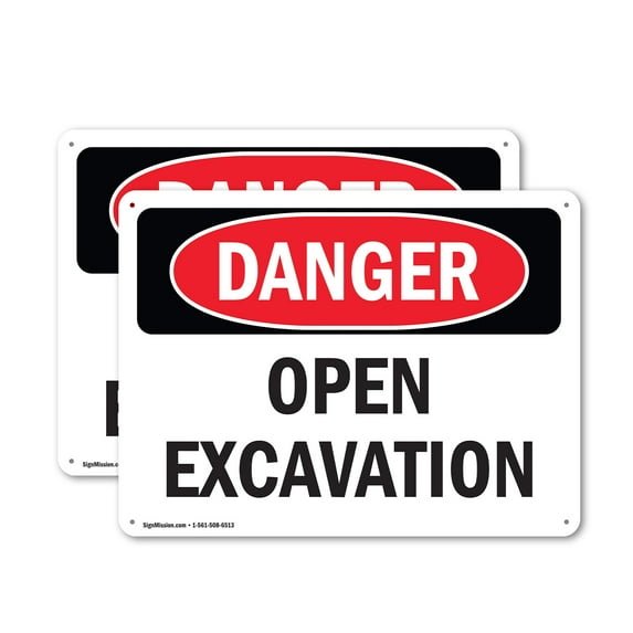 (2 Pack) Open Excavation OSHA Danger Sign 18 Inch X 12 Inch Indoor / Outdoor Rust-Free Aluminum Metal Signs for Workplace, Workshop, and Construction Site, Made in the USA