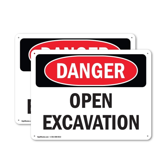 (2 Pack) Open Excavation OSHA Danger Sign 18 Inch X 12 Inch Plastic Sign, Weather Resistant, UV Protected for Workplace, Business, and Construction Site, Made in the USA