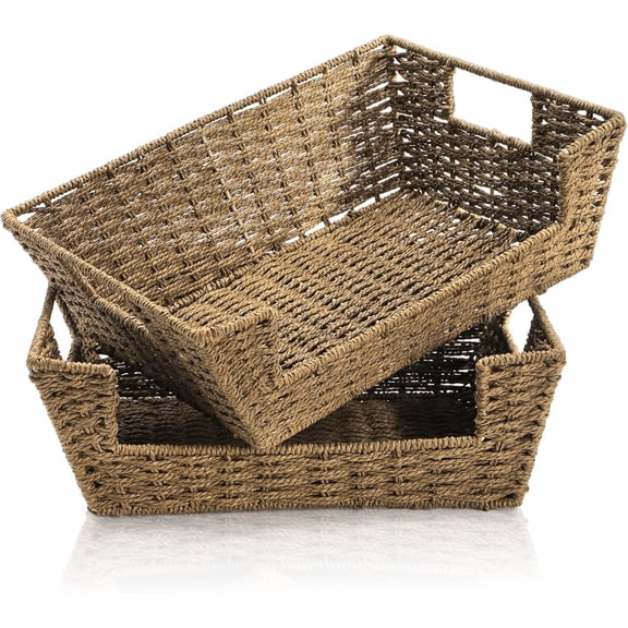 2 Pack Open Front Storage Baskets, Brown Paper Rope Woven Basket with Built-in Handles, 13''W x 10.6''D x 4.7''H Pantry Organzier Bins for Shelf, Bedroom, Living Room, Pantry