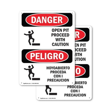 (2 Pack) Open Pit Proceed With Caution Bilingual OSHA Danger Sign 12 Inch X 18 Inch Indoor / Outdoor Rust-Free Aluminum Metal Signs for Workplace, Workshop, and Construction Site, Made