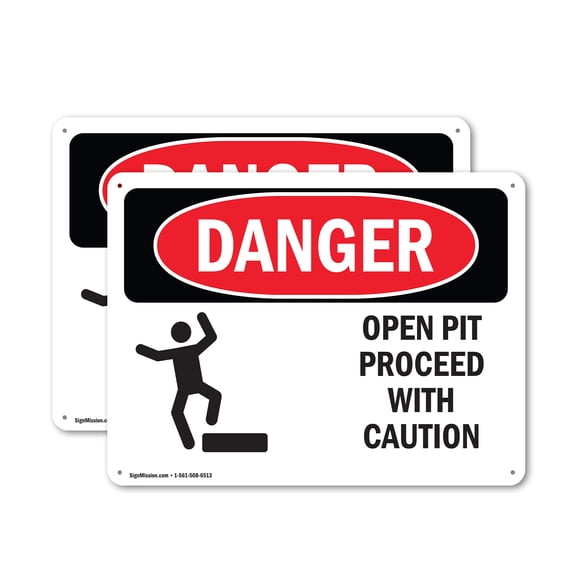 (2 Pack) Open Pit Proceed With Caution OSHA Danger Sign 18 Inch X 12 ...
