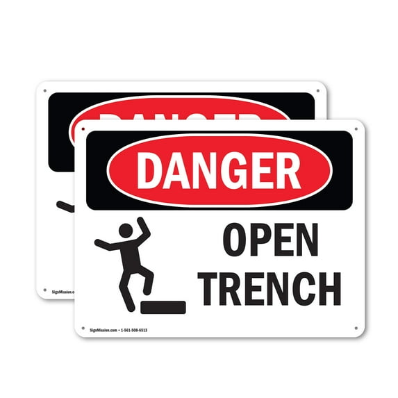 (2 Pack) Open Trench OSHA Danger Sign 14 Inch X 10 Inch Indoor / Outdoor Rust-Free Aluminum Metal Signs for Workplace, Workshop, and Construction Site, Made in the USA