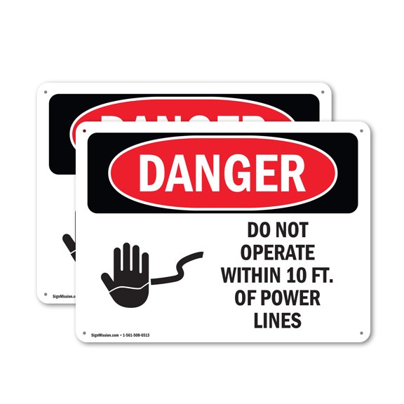 (2 Pack) Do Not Operate Within 10 Ft. Of Power Lines OSHA Danger Sign 24 Inch X 18 Inch Indoor / Outdoor Rust-Free Aluminum Metal Signs for Workplace, Workshop, and Construction Site, Made in the USA