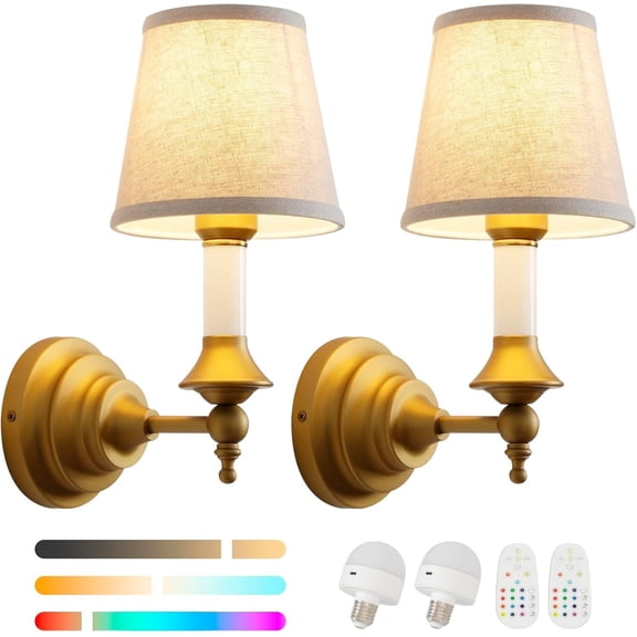 2-Pack  Operated Wall Sconces, Antique Brass Wall Light with  Stem & Linen Shade, Remote Control LED Lighting, No Wiring Needed for  Rustic  Decor