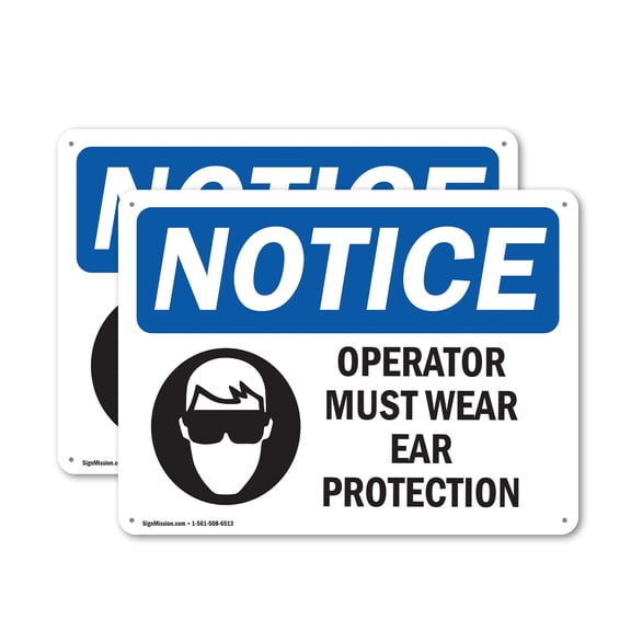 (2 Pack) Operator Must Wear Ear Protection OSHA Notice Sign 10 Inch X 7 Inch Plastic Sign, Weather Resistant, UV Protected for Workplace, Business, and Construction Site, Made in the