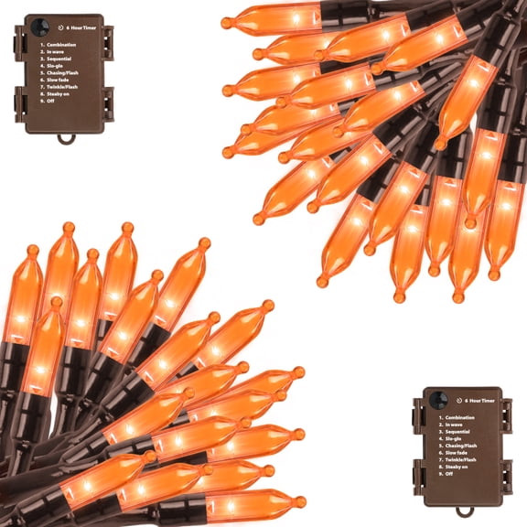 2 Pack Orange Halloween Lights Battery Operated,Total 18Ft 50 LED Mini String with Timer 8 Modes Twinkle Outdoor Waterproof for Tree Garland Decor