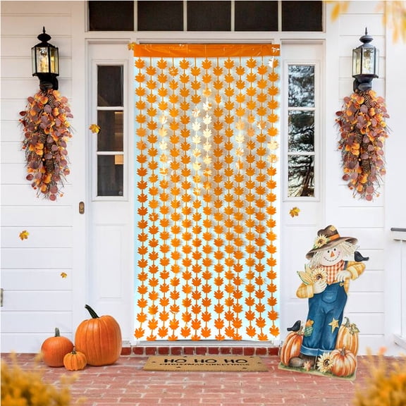2 Pack Orange Maple Leaf Metallic Fringe Curtain, Autumn Foil Tinsel Streamer Backdrop, Fall Season Harvest Theme Photo Booth Door Wall Party Decor