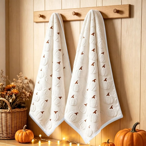 2 Pack Orange Pumpkin Fall Kitchen Towels Dish Towels, 18x24 Inch Farmhouse Autumn Hand Towels, Absorbent Soft Fabric, Cute Thanksgiving Kitchen Table Home Holiday Decoration