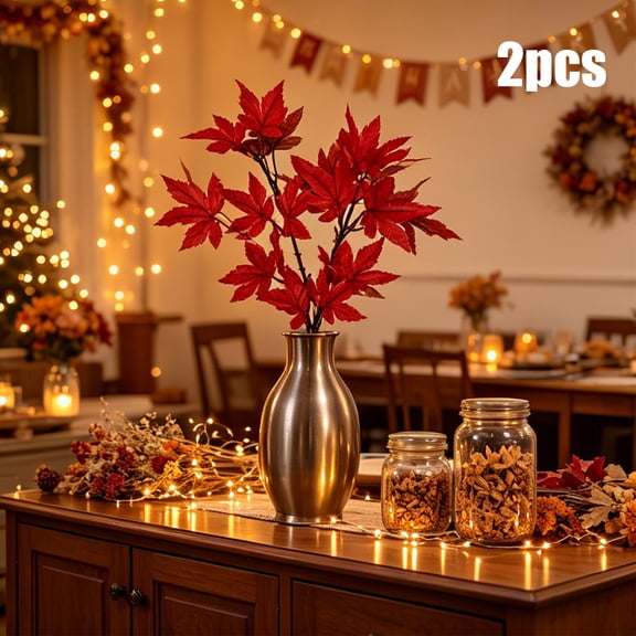 2 Pack Orange Red Artificial Maple Leaf Stems, Fade Resistant Full Bushy Shape Bendable No Maintenance Foliage, Halloween Fall Vase Filler for Table Centerpiece Thanksgiving Home Decor