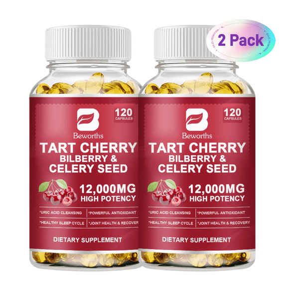(2 Pack) Organic Tart Cherry Extract Capsules with Bilberry Fruit & Celery Seed, 1200mg High Potency for Joint Support & Muscle Recovery, 240 Capsules Total -BEWORTHS