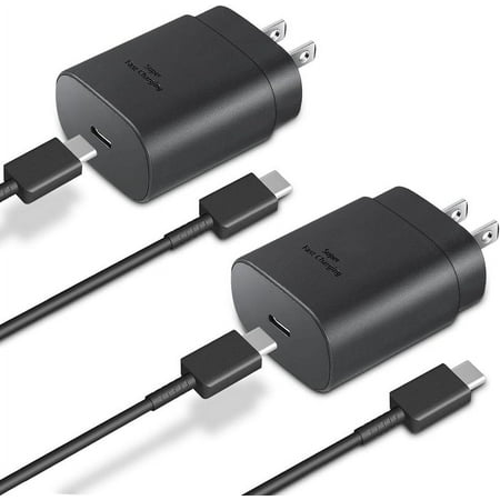 2 Pack Original OEM 25W USB-C Super Fast Charging PD Wall Charger for Samsung Galaxy S20, S21, S22, S23 Ultra, Note10, Note20 Ultra Fast Charger Adapter + 3ft Type-C USB-C Cable, Black