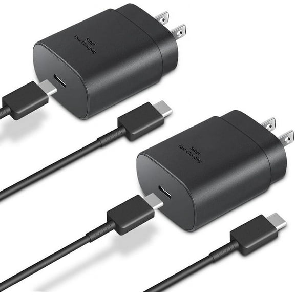 2 Pack Original OEM 25W USB-C Super Fast Charging PD Wall Charger for Samsung Galaxy S20, S21, S22, S23 Ultra, Note10, Note20 Ultra Fast Charger Adapter + 3ft Type-C USB-C Cable, Black