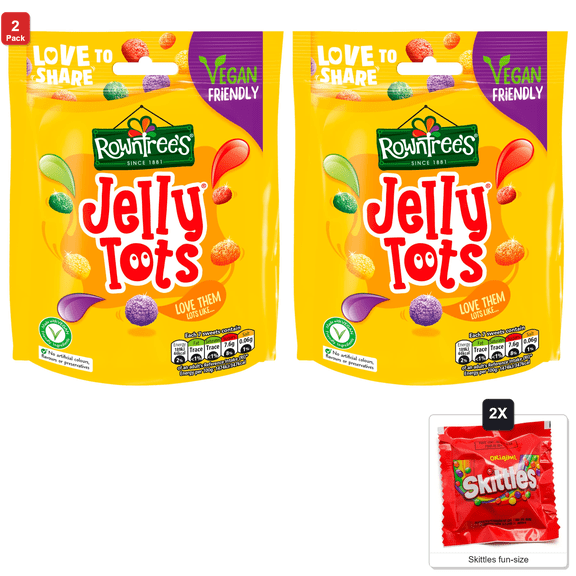 2 Pack | Original Rowntrees Jelly Tots Sweets Bag Pouch -Rowntrees Jelly Tots, 150 g, with 2 Skittles Fun Size