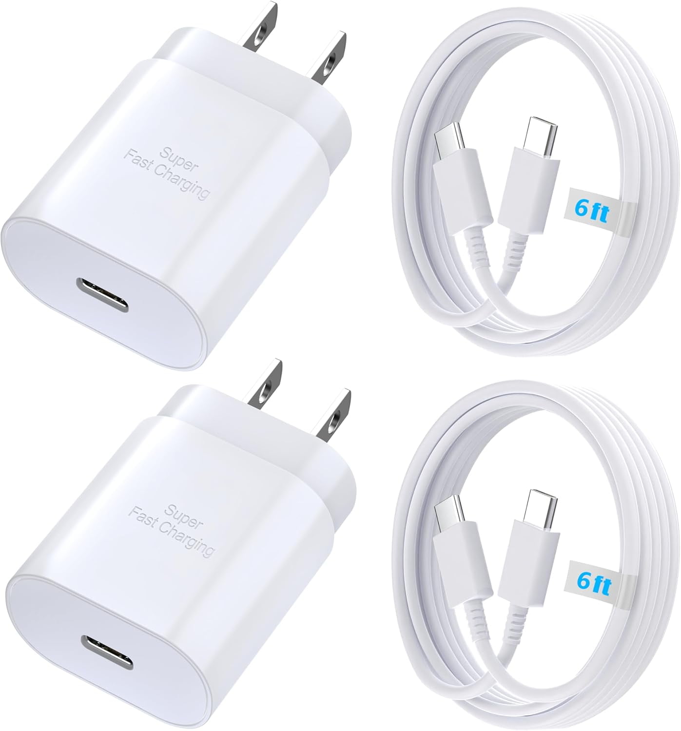 2 Pack Original Super Fast Adaptive Wall Adapters 25W Charger for Samsung Galaxy A53 5G with 2 Pack 6.6FT USB C PD Charging Cables - White