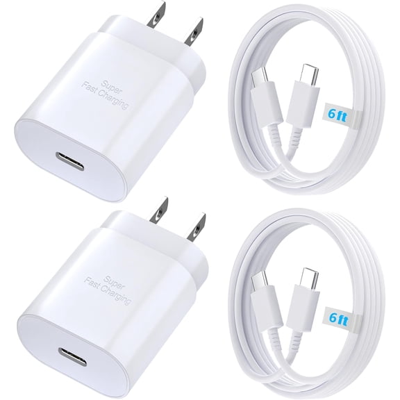 2 Pack Original Super Fast Adaptive Wall Adapters 25W Charger for Samsung Galaxy Note20 Ultra with 2 Pack 6.6FT USB C PD Charging Cables - White